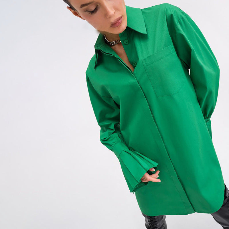 Autumn Clothing Retro Green Loose Long Sleeve Long Shirt Women Oversized Shirt
