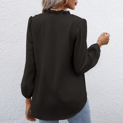 Women Clothing Autumn Puff Sleeve Ladies V neck Long Sleeve Shirt