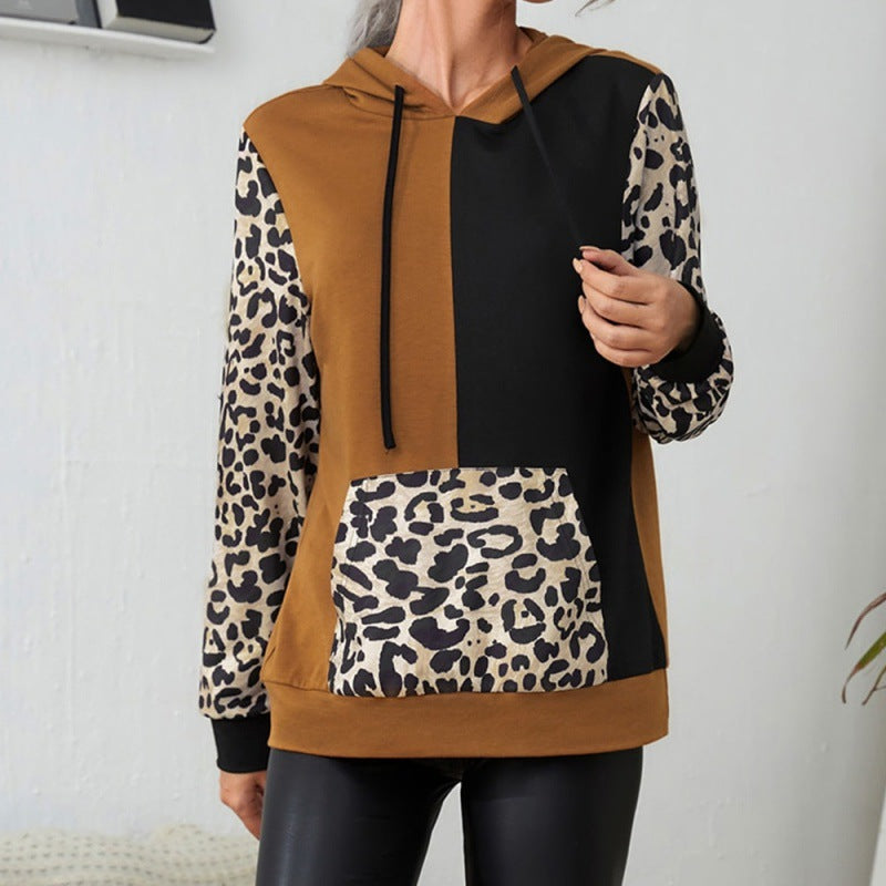 Casual Leopard Print Color Matching Long Sleeve round Neck Hooded  T-shirt Loose Stitch Contrast Color Hoodie Top Women