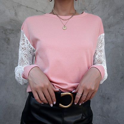 Women Clothing Hollow Out  Lace Stitching Long Sleeved round Neck T shirt Women