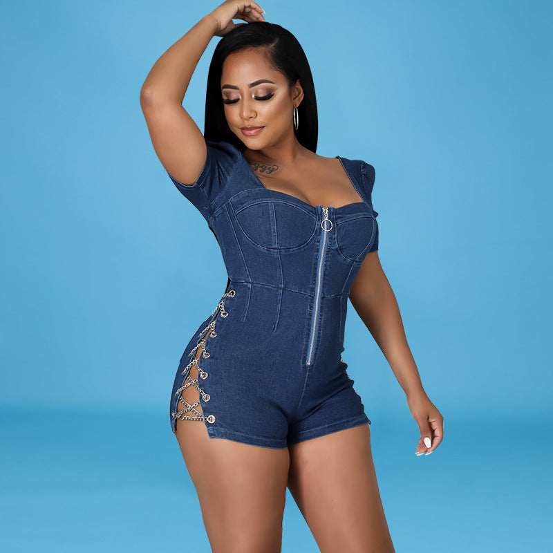 Women Clothing Autumn Front Zipper Backless sexy Denim Romper