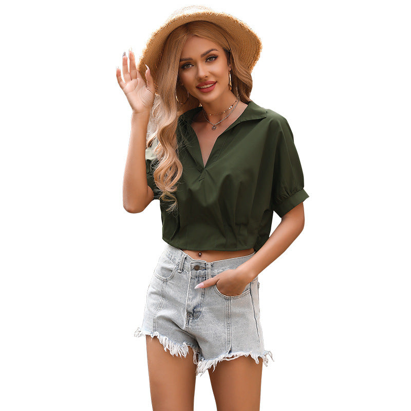 Summer Top Short Lapels Solid Color Slim Pullover Short Sleeve Shirt for Women