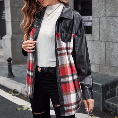 Autumn Casual Long Sleeve Collared Plaid Shacket Coat Women