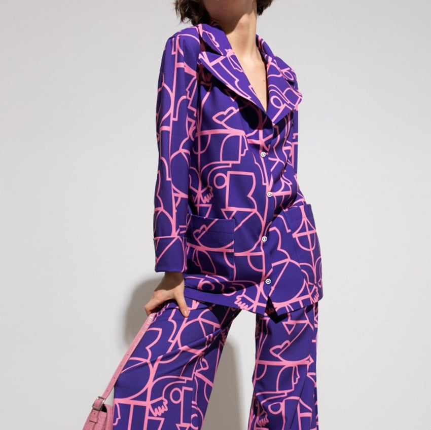 Printed Purple Printed Collared Pajama Pants Autumn Winter Pajamas Women Loose Comfortable Homewear