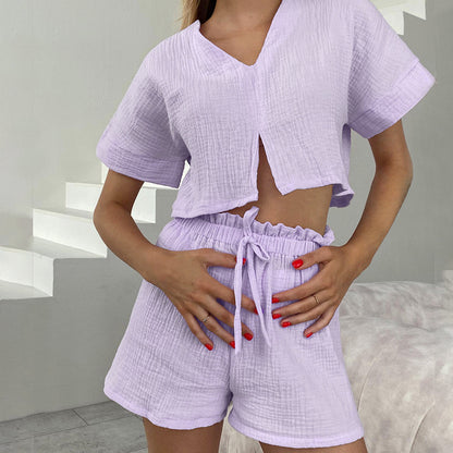 Pure Cotton Purple V Collar Batwing Sleeve Short Sleeve Pants Pajamas Set Summer Ladies Homewear