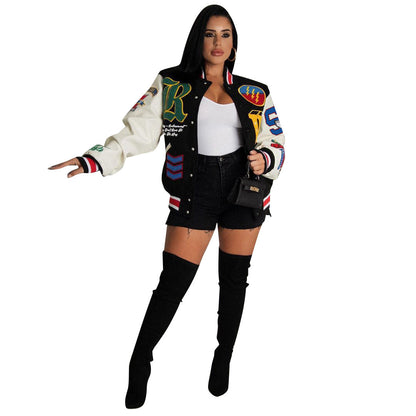 Women Clothing  Single-Breasted Slim Jacket Stitching Long Sleeve Varsity Jacket Coat