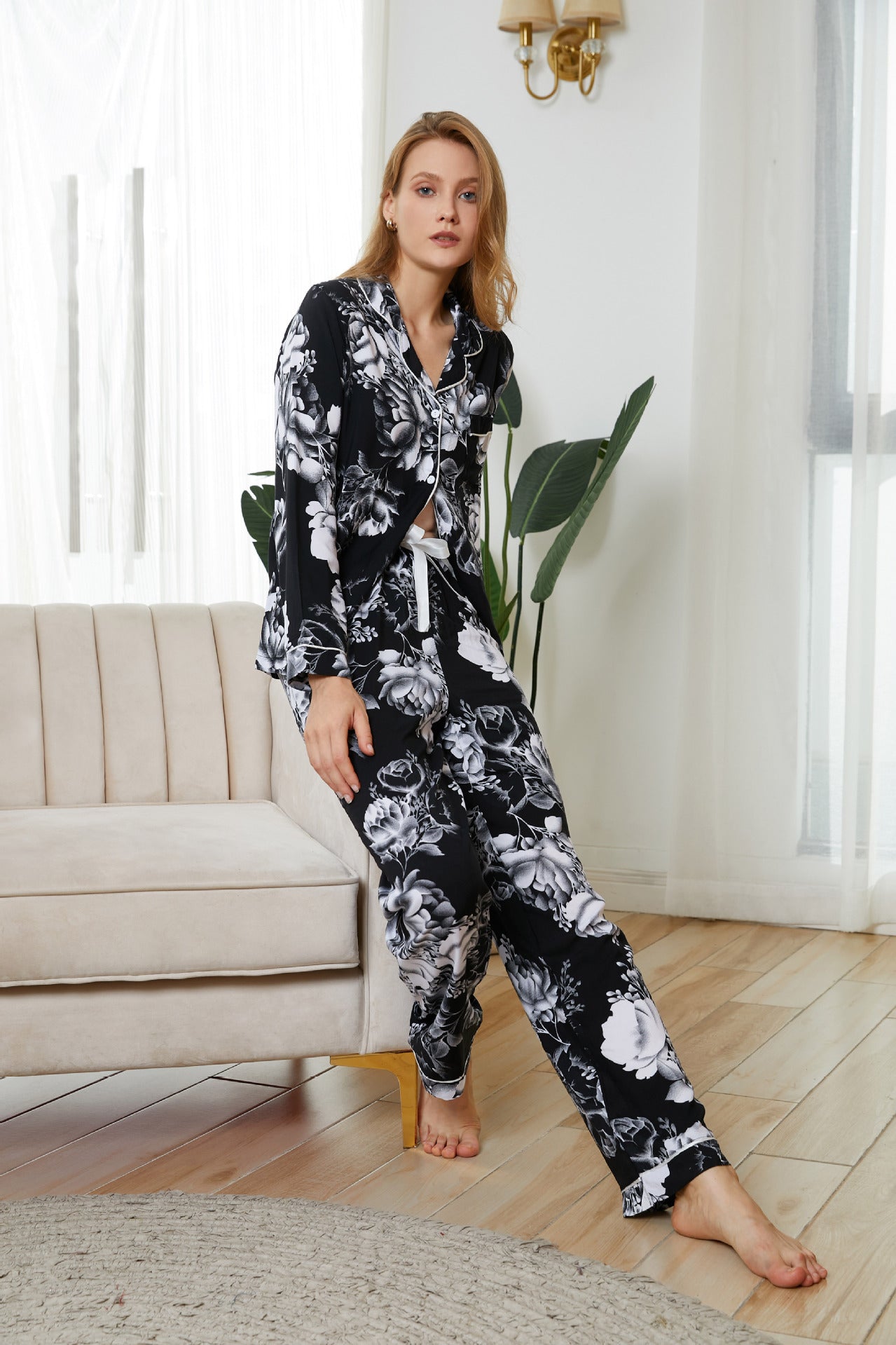 Long-Sleeved Trousers Rayon V-neck Pajamas Comfort Printing Summer Thin Pajamas Casual Suit