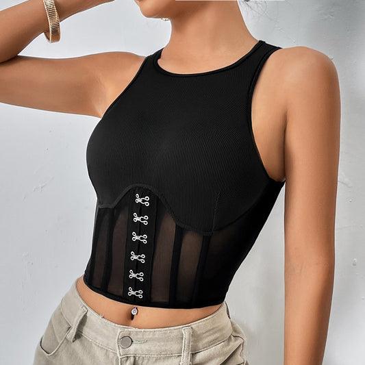 Women Clothing See through Stitching Short Mesh Top Metal Decoration Boning Corset Girdle Vest for Women