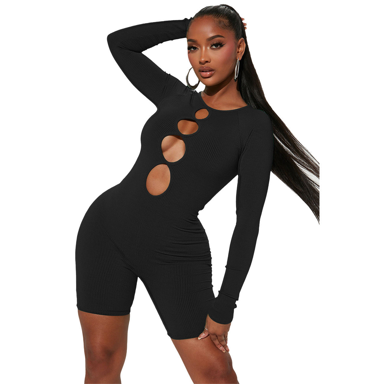 Women Clothing Spring round Neck Thread Cutout out Hip Raise Slim Fit Sexy Jumpsuit
