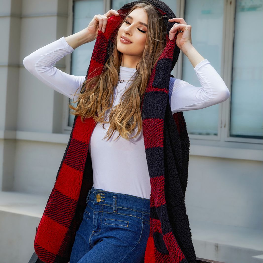 Fall Women Clothing Loose Hooded Buckle Cardigan Plaid Plush Vest Coat Women