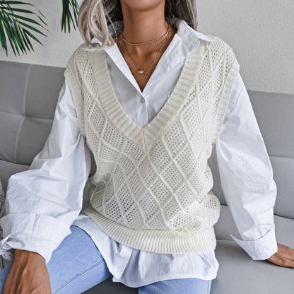 Real shot autumn winter v-neck rhombus Hollow Out Cutout casual knitted sweater vest women clothing