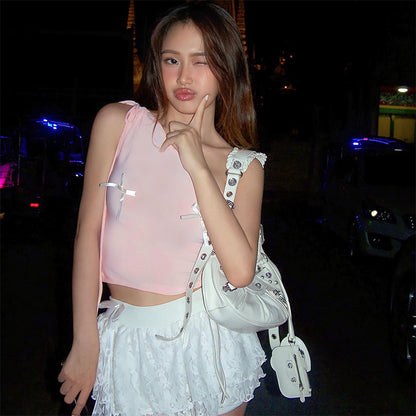 Sweet Spicy Pink Shoulder Lace up Three Dimensional Bow Pink Short Top Women Summer