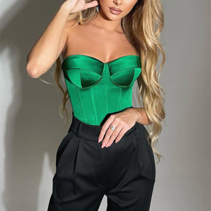 Fashion Sexy off-Shoulder Satin Tube Top Solid Color Slim Fit Short Outer Wear Top