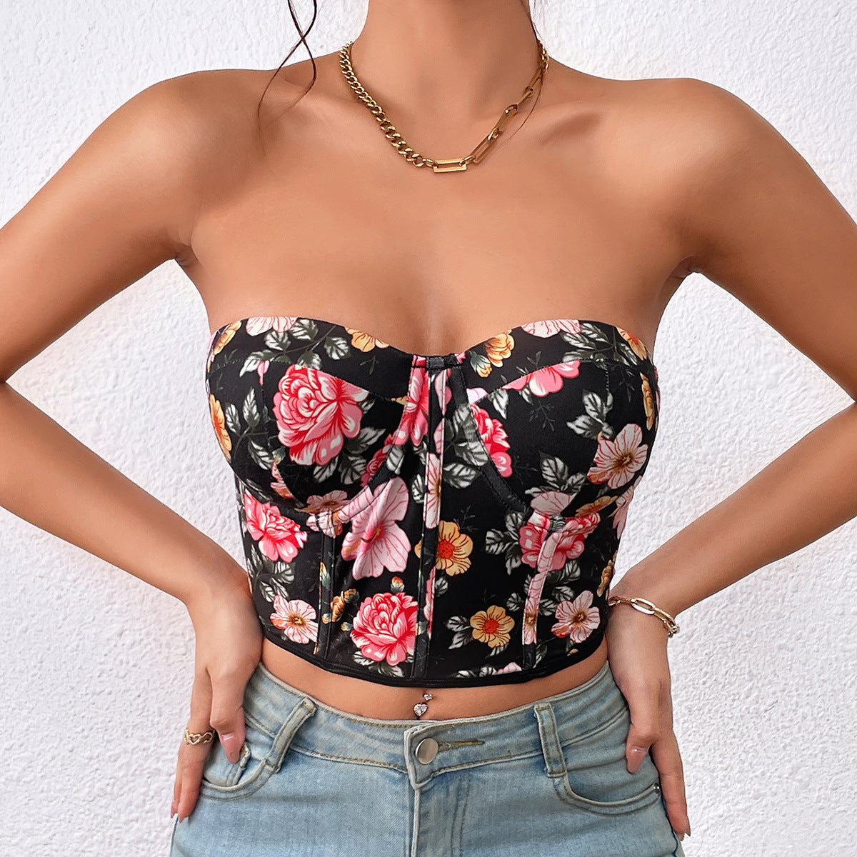 Women Clothing Spring Summer Sexy Wrapped Chest Slim Fit Pure Floral with Chest Pad Boning Corset Bra