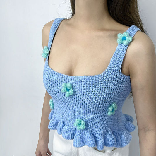 Sweet Knitted Three Dimensional Floral Camisole Top Summer Fresh Short Niche Inner Vest