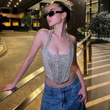 Winter Women Clothing Halter Backless Slim Fit Sequined Vest