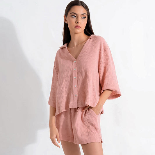 Autumn Five Quarter Sleeve Pajamas Loose Crepe Cotton Shorts Suit Ladies Homewear Can Be Worn