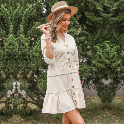 Summer Women Clothing Short Solid Color Cotton Linen Dress