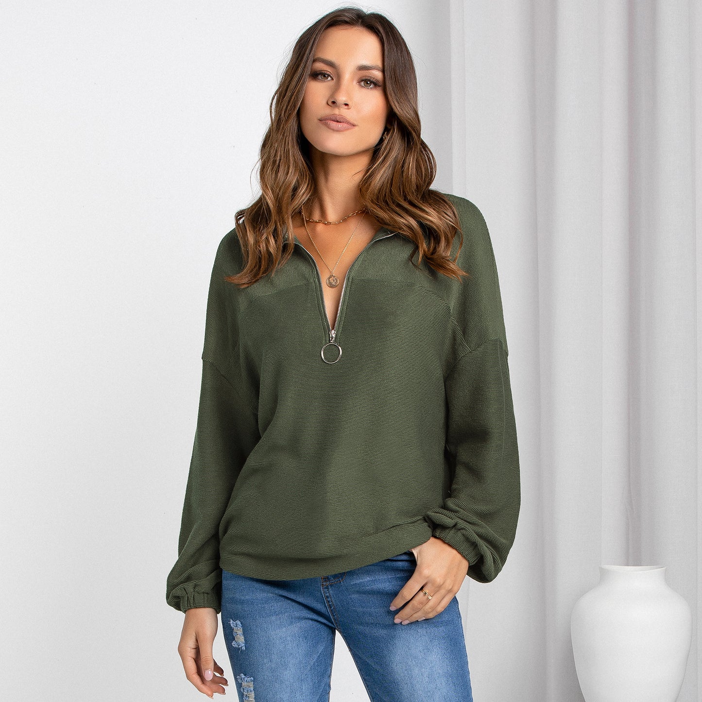 Women Clothing Autumn Winter Top Women Casual Pullover V-neck Solid Color Loose