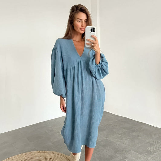 Autumn Double Layer Gauze Cotton V-neck Loose Lantern Sleeve Skin Friendly Pure Cotton Confinement Clothing Ladie  Homewear Pajamas