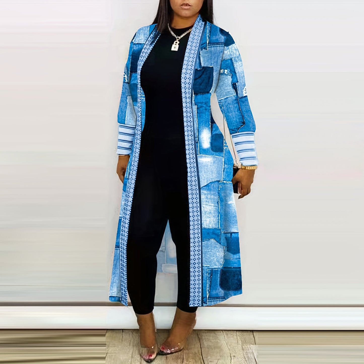 Casual Women Wear Imitation Denim Printed Long Trench Coat Cardigan Coat