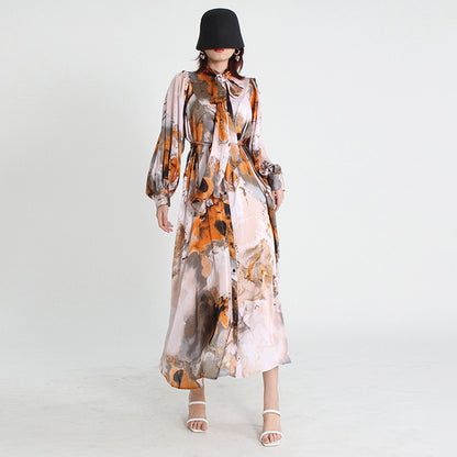 Fashionable Retro Bohemian Autumn Neckline Lace up Design Waist Tight Long Single Breasted Tie Dye Dress