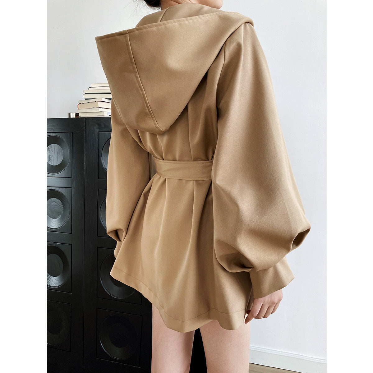 Korean Elegant  Hemline Type Waist-Controlled Lace-up Trench Coat Women Spring Autumn Profile Hooded Top