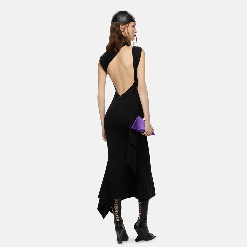 Black Backless Sleeveless Cutout Shawl Ribbon Dress Women Clothing Hip