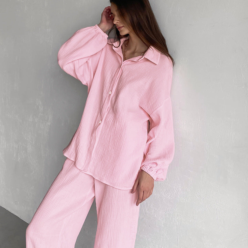 Autumn Winter Pink Cute Pure Cotton Warm Comfortable Long Sleeve Trousers Pajamas Two Piece Set Ladies Homewear