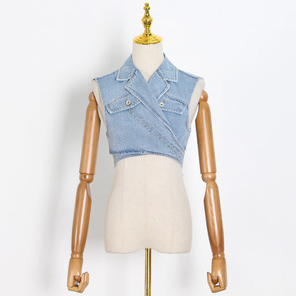 Women  Korean Preppy  Blazer Spring Polo Collar Solid Color Single Breasted Shirt Denim Lace up Vest