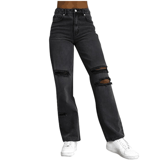 Ripped Slim Solid Color Denim Trousers Women