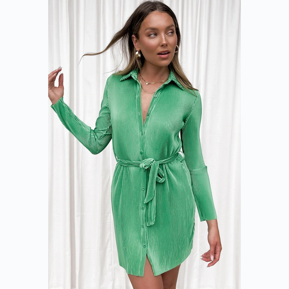Spring Summer Solid Color Pleated Single Breasted Shirt Dress