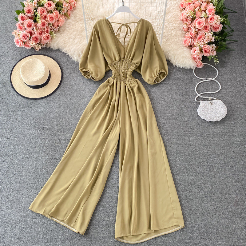 Socialite Elegant V neck Straight Leg Wide Leg Light Luxury Backless Mopping Casual Summer Jumpsuit