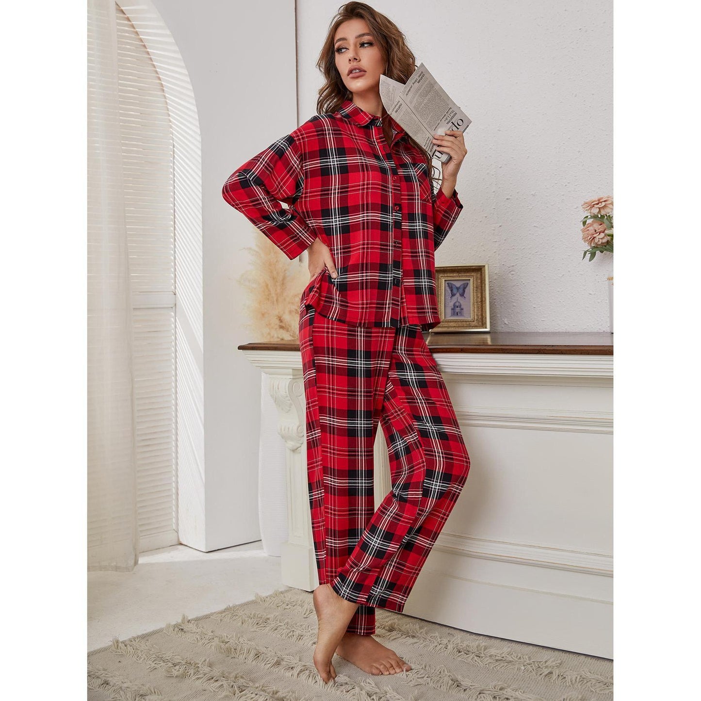 Pajamas Women Red Plaid Long Sleeve Autumn Winter Homewear Two Piece Set