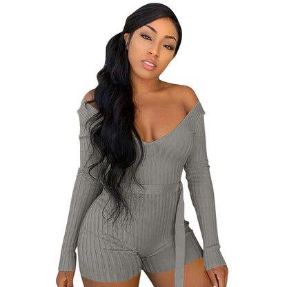 Women Clothing Homewear Bandage Solid Color Rib Fabric Cloth Women Clothing Romper