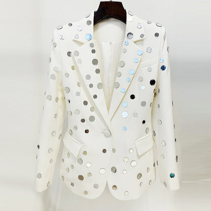 Star Personality Stylish round Mirror Beaded One Button Blazer Coat