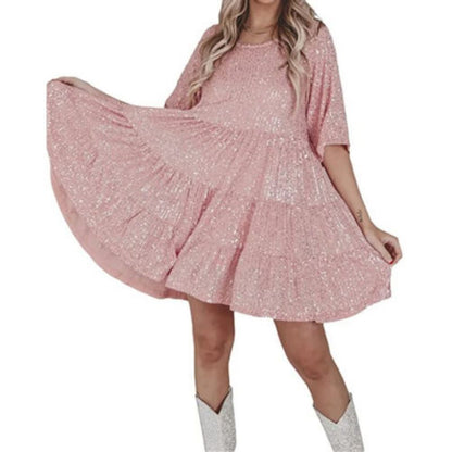 Spring Summer Sequ Dress Half Sleeve Round Neck Frill Loose Dress