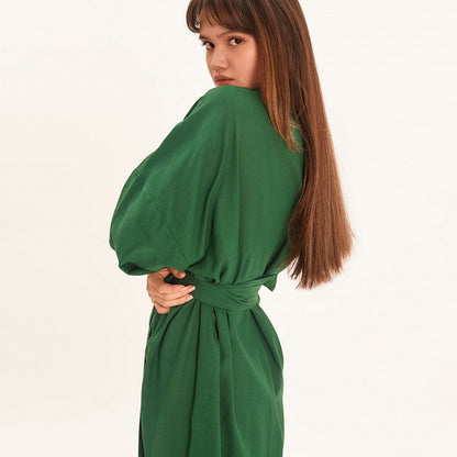 Autumn Cotton Linen Long Sleeve Nightgown Long Green Pajamas Ladies Home Bathrobe Comfortable Loose Bathrobe