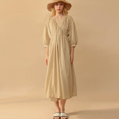 Spring V neck Placket Tied Dress French Lazy Cotton Design Puff Sleeve Midi Dress