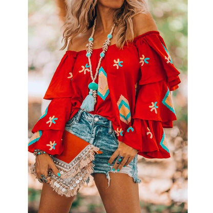 Women  Clothing Bohemian Long Sleeved Shirt Women Autumn Red Casual Women Top