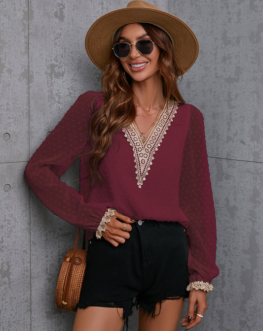 Women Clothing Autumn Chiffon Solid Color Stitching Lace Long Sleeve Shirt Office Top