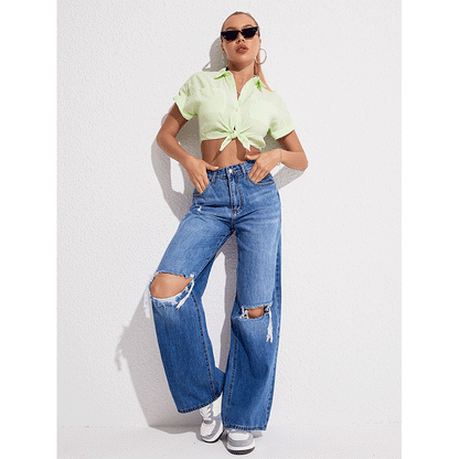 Denim Washed Women Casual Ripped Jeans Loose High Waist Wide Leg Trousers