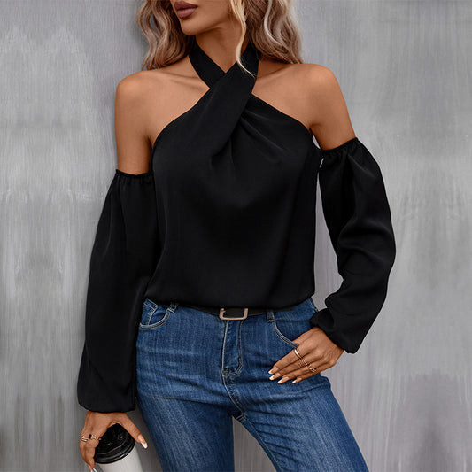 Autumn Women Clothing Solid Color off Shoulder Long Sleeve Shirt