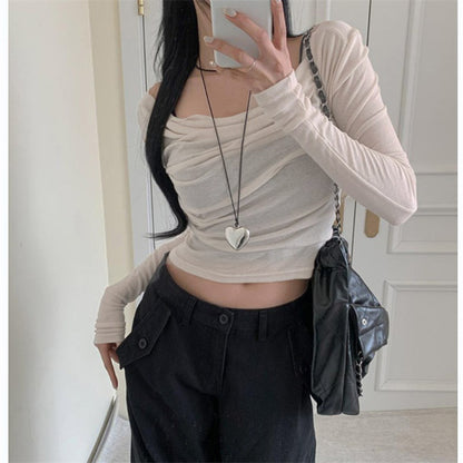 Multiple Wear Swing Collar Solid Color Thin Bottoming Shirt Women Autumn Slim Fit Pullover Micro Transparent Long Sleeve T Shirt