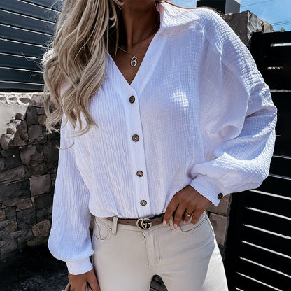 Polo Collar V neck Pleated Cuff Women Shirt Solid Color Women Clothing