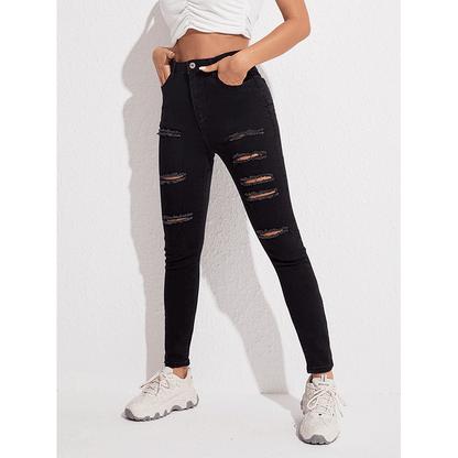 Summer Jeans Women Black Stretch Slim Ripped Ankle-Tied Pencil Pants