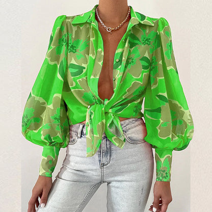 Summer Sexy Women Bubble Sleeve Collared Long Sleeve Top Printed Shirt