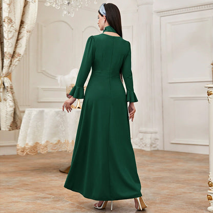 Women  Clothing round Neck Long Sleeve High Waist Ruffles A  line Dress Maxi Dress