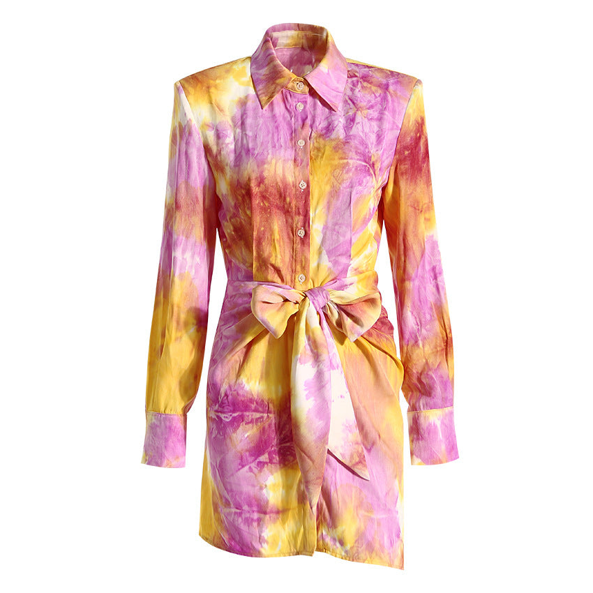 Niche Irregular Asymmetric Dream Colorful Printing Summer Tie Dyed Shirt Dress for Women Cinched Short Dress