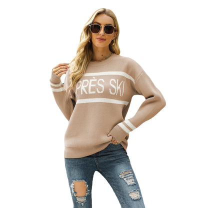 Autumn Winter Women Clothing Sweater Letter Graphic Print Loose Crew Neck Pullover Long Sleeve Sweater